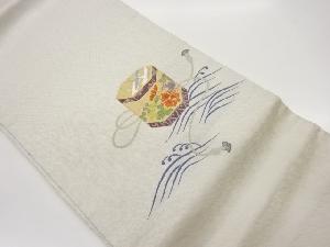 貝桶に鶴・草花・荒波模様織出し名古屋帯